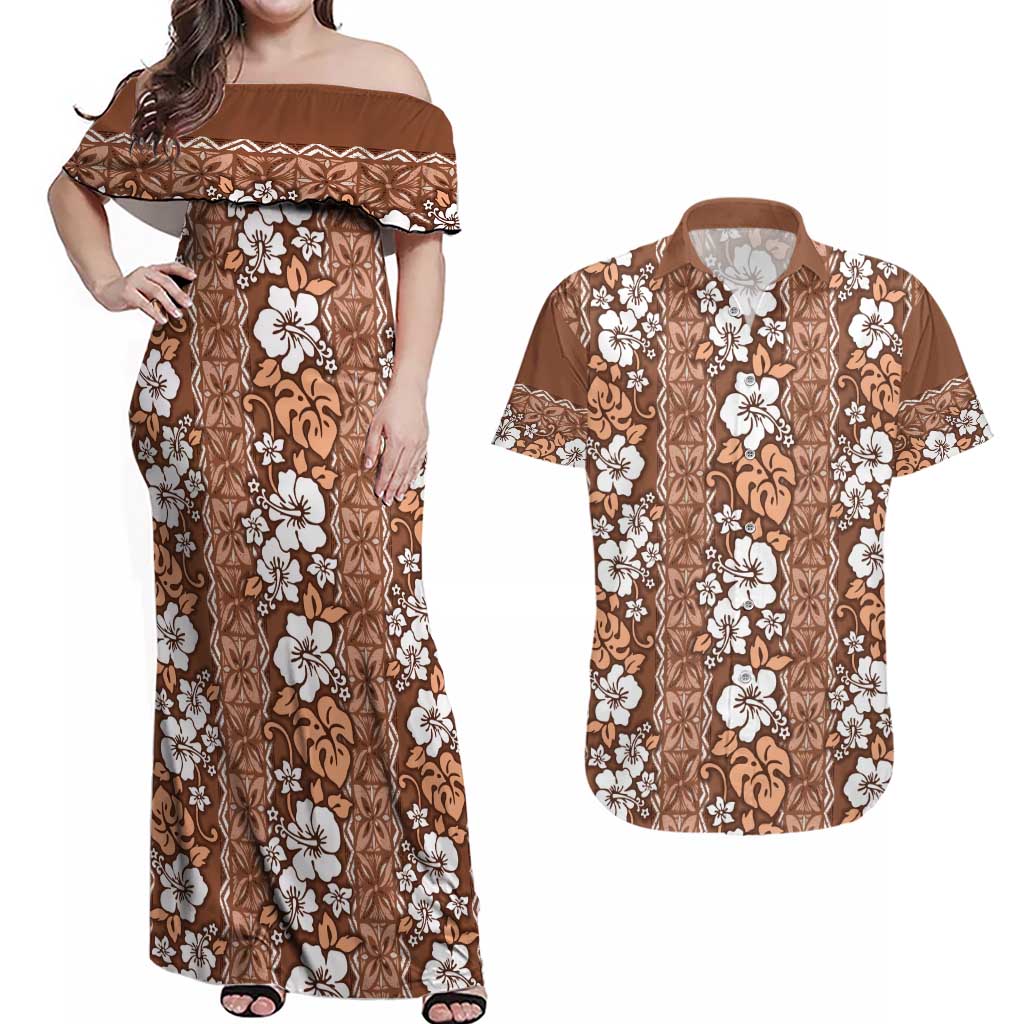 Hawaii Vintage Brown Hibiscus Tapa Pattern Couples Matching Off Shoulder Maxi Dress and Hawaiian Shirt