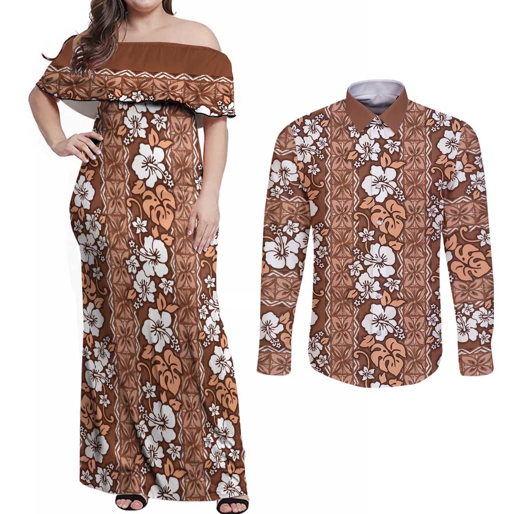 Hawaii Vintage Brown Hibiscus Tapa Pattern Couples Matching Off Shoulder Maxi Dress and Long Sleeve Button Shirt