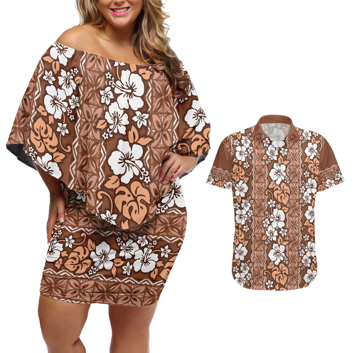 Hawaii Vintage Brown Hibiscus Tapa Pattern Couples Matching Off Shoulder Short Dress and Hawaiian Shirt