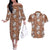 Hawaii Vintage Brown Hibiscus Tapa Pattern Couples Matching Off The Shoulder Long Sleeve Dress and Hawaiian Shirt