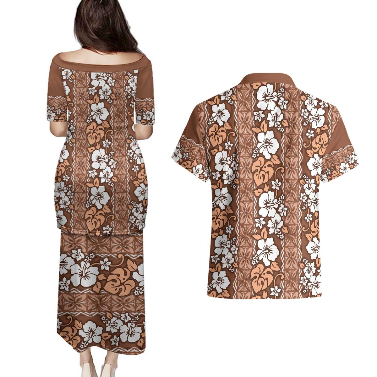 Hawaii Vintage Brown Hibiscus Tapa Pattern Couples Matching Puletasi and Hawaiian Shirt