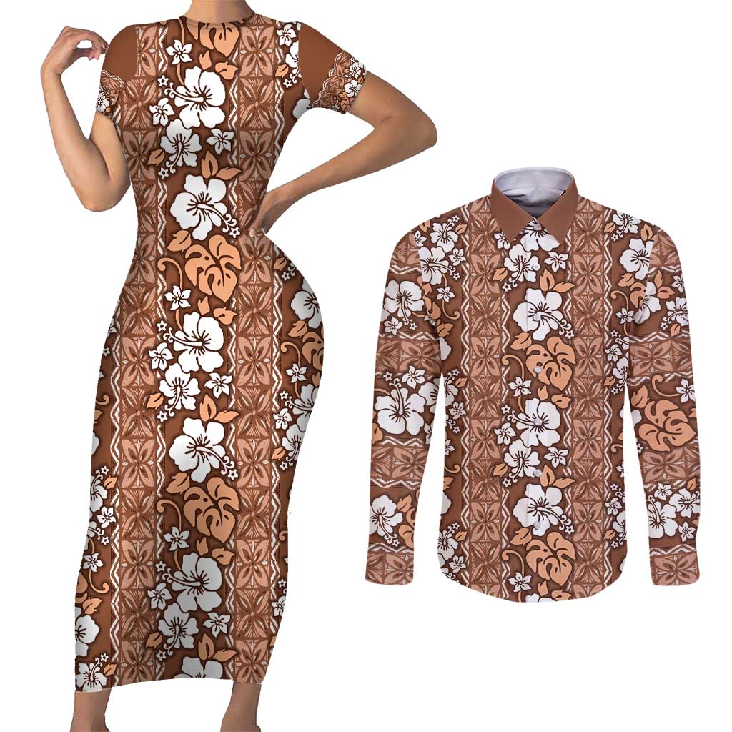 Hawaii Vintage Brown Hibiscus Tapa Pattern Couples Matching Short Sleeve Bodycon Dress and Long Sleeve Button Shirt