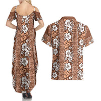 Hawaii Vintage Brown Hibiscus Tapa Pattern Couples Matching Summer Maxi Dress and Hawaiian Shirt