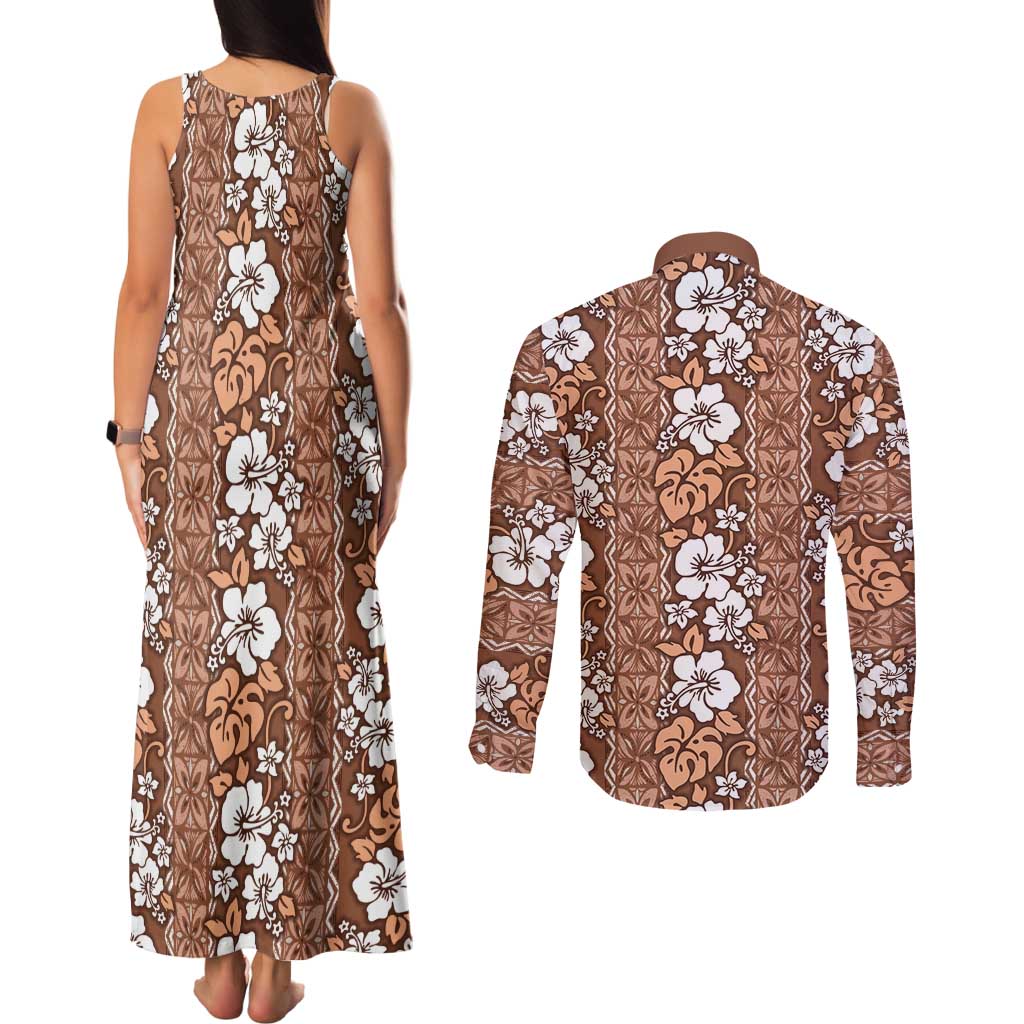 Hawaii Vintage Brown Hibiscus Tapa Pattern Couples Matching Tank Maxi Dress and Long Sleeve Button Shirt