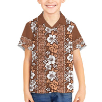 Hawaii Vintage Brown Hibiscus Tapa Pattern Family Matching Off Shoulder Short Dress and Hawaiian Shirt