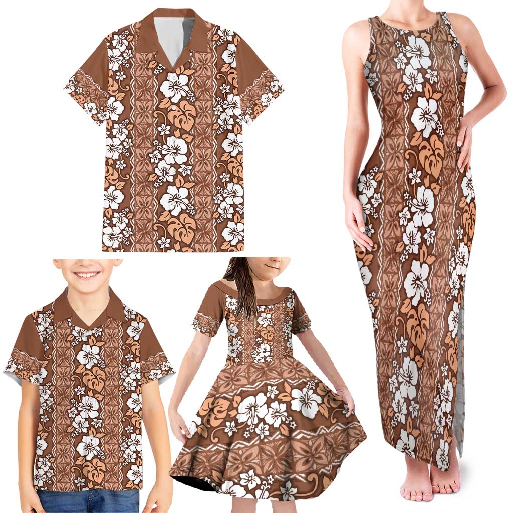 Hawaii Vintage Brown Hibiscus Tapa Pattern Family Matching Tank Maxi Dress and Hawaiian Shirt