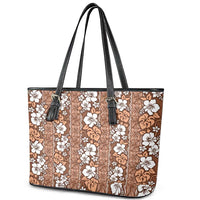 Hawaii Vintage Brown Hibiscus Tapa Pattern Leather Tote Bag