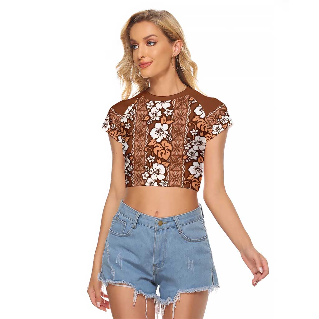 Hawaii Vintage Brown Hibiscus Tapa Pattern Raglan Cropped T Shirt