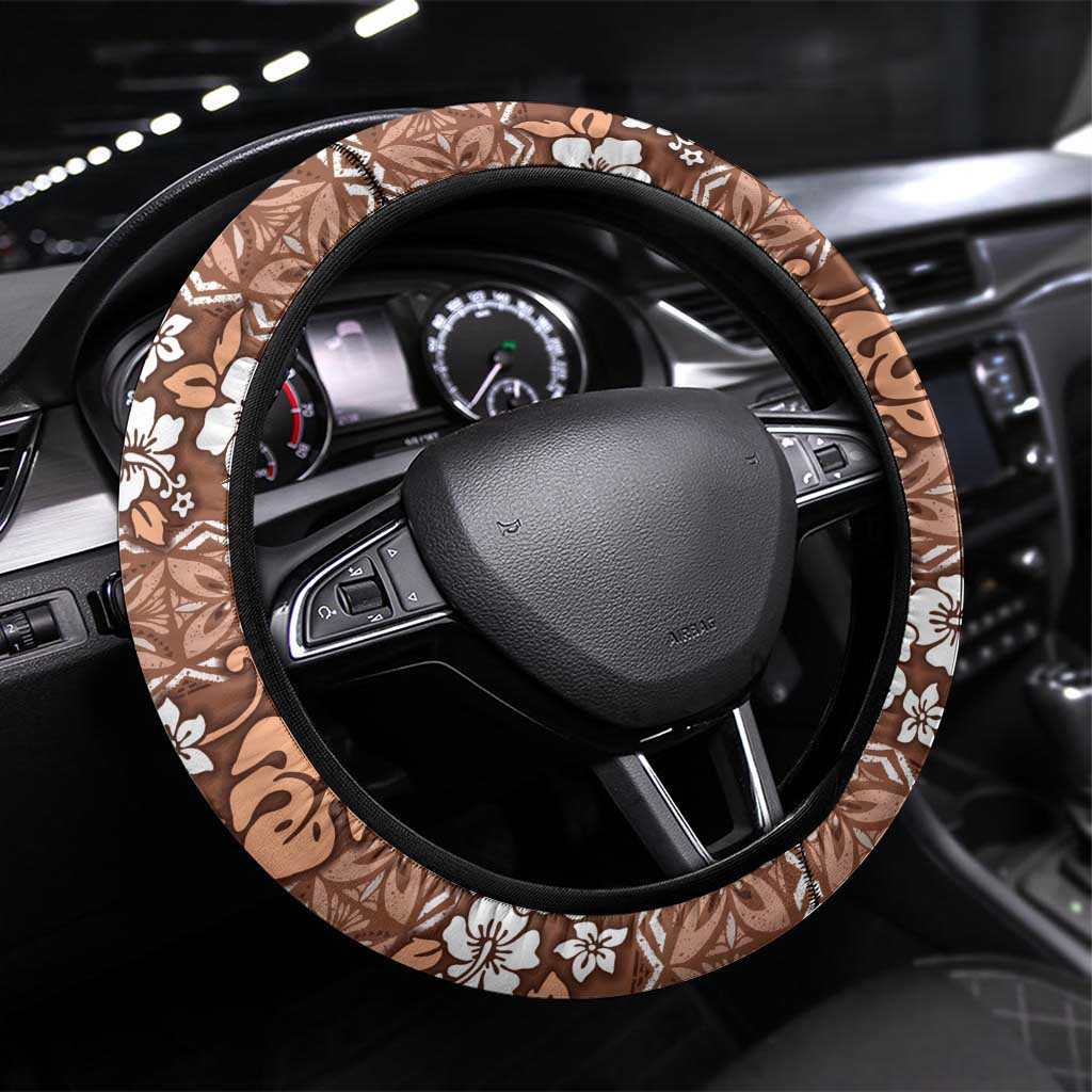 Hawaii Vintage Brown Hibiscus Tapa Pattern Steering Wheel Cover