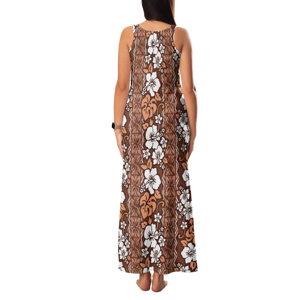 Hawaii Vintage Brown Hibiscus Tapa Pattern Tank Maxi Dress