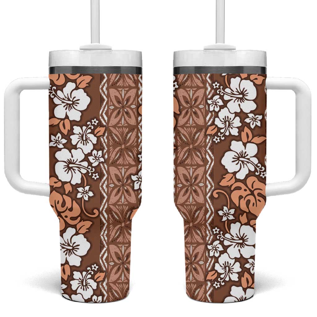 Hawaii Vintage Brown Hibiscus Tapa Pattern Tumbler With Handle