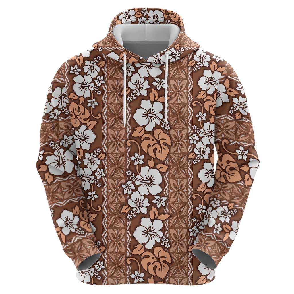 Hawaii Vintage Brown Hibiscus Tapa Pattern Zip Hoodie