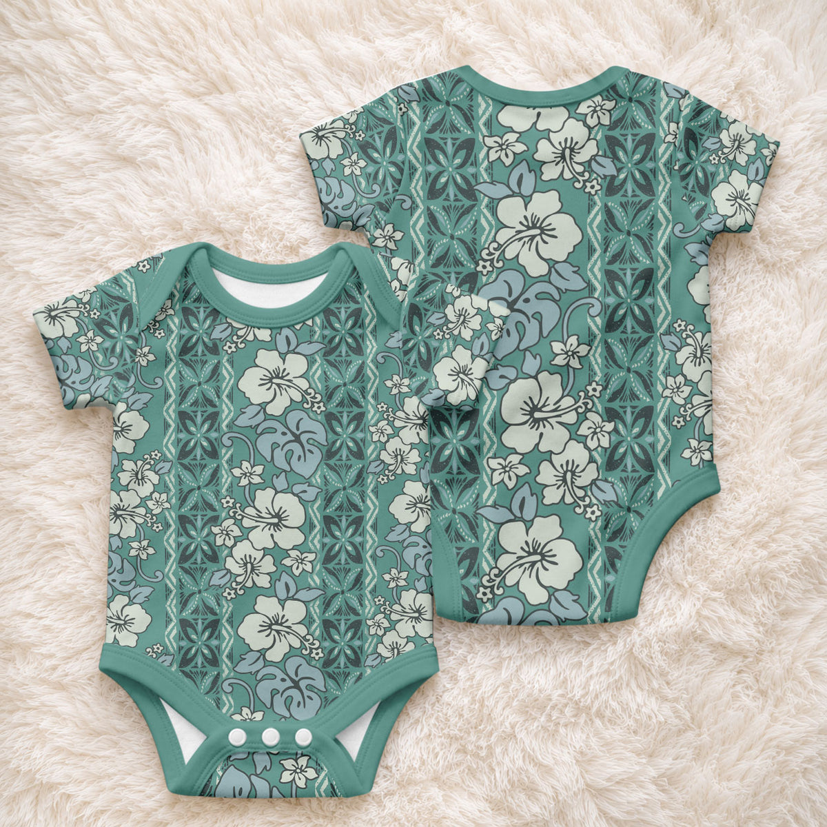 Hawaii Vintage Green Hibiscus Tapa Pattern Baby Onesie LT05 - Polynesian Pride