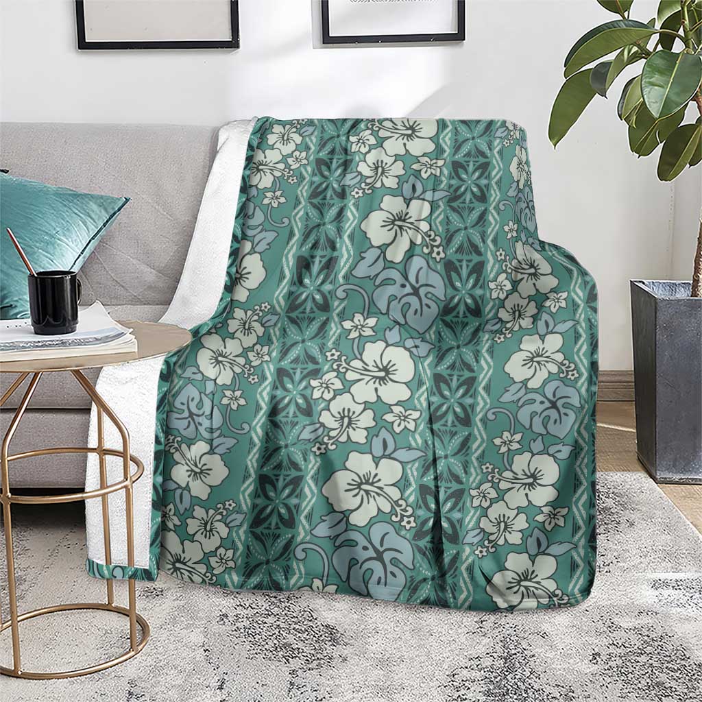 Hawaii Vintage Green Hibiscus Tapa Pattern Blanket
