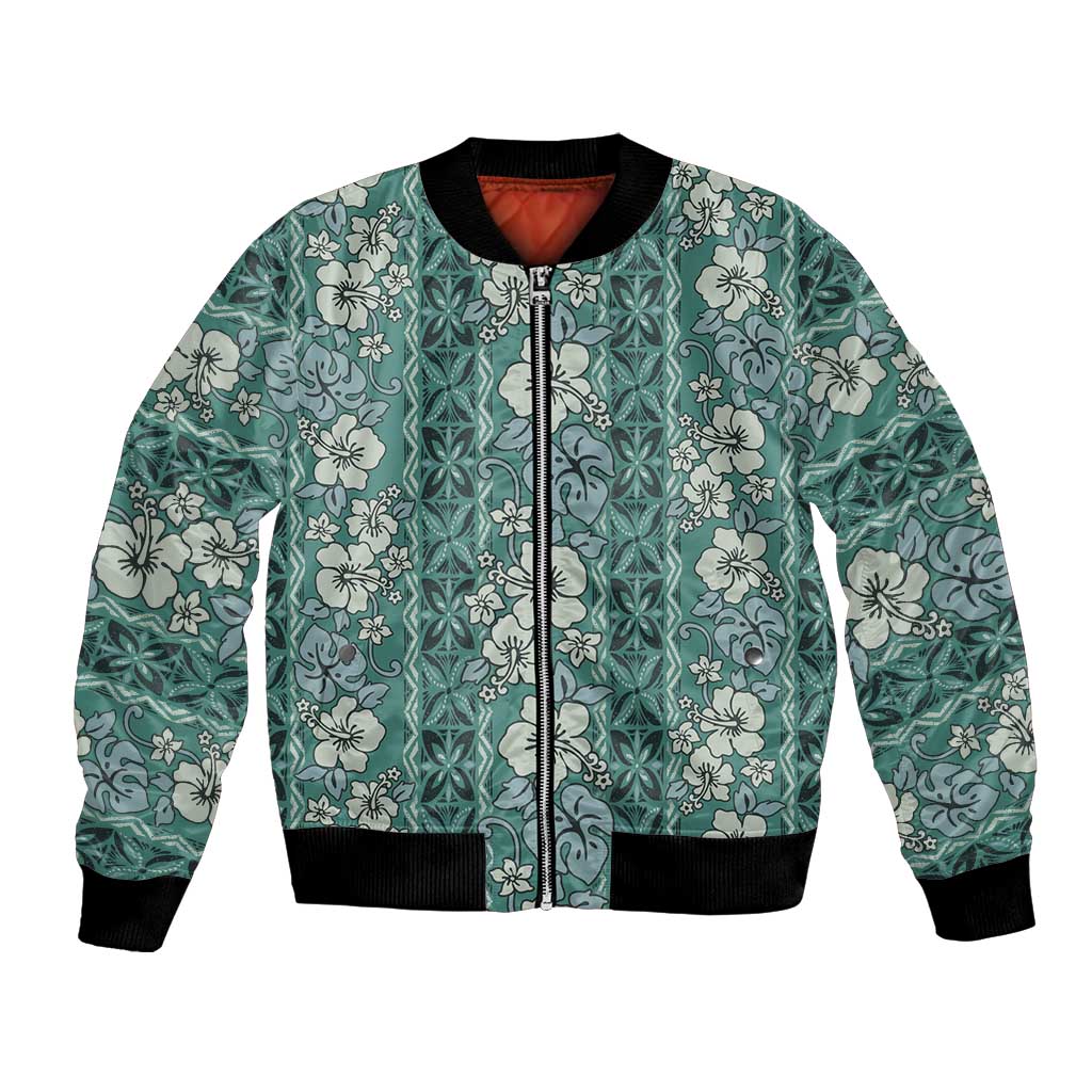 Hawaii Vintage Green Hibiscus Tapa Pattern Bomber Jacket LT05 Unisex Green - Polynesian Pride