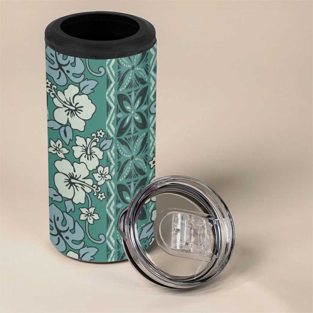 Hawaii Vintage Green Hibiscus Tapa Pattern 4 in 1 Can Cooler Tumbler