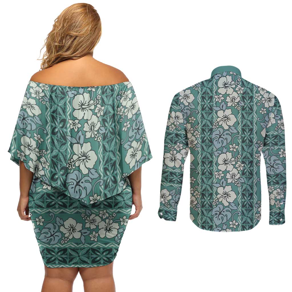 Hawaii Vintage Green Hibiscus Tapa Pattern Couples Matching Off Shoulder Short Dress and Long Sleeve Button Shirt