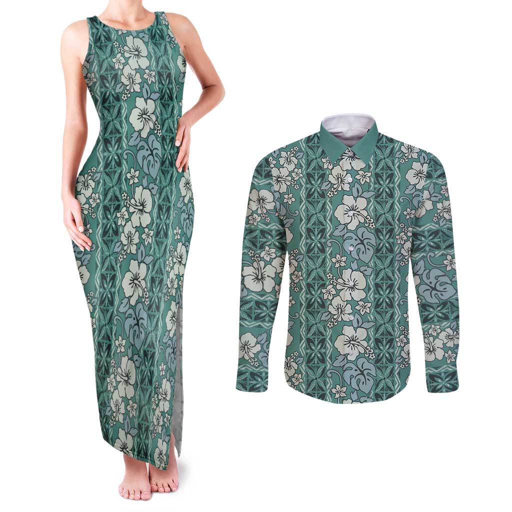 Hawaii Vintage Green Hibiscus Tapa Pattern Couples Matching Tank Maxi Dress and Long Sleeve Button Shirt