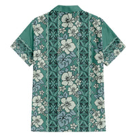 Hawaii Vintage Green Hibiscus Tapa Pattern Family Matching Off Shoulder Maxi Dress and Hawaiian Shirt