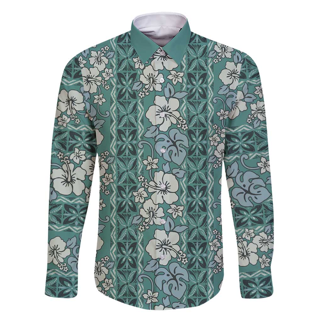 Hawaii Vintage Green Hibiscus Tapa Pattern Family Matching Off Shoulder Maxi Dress and Hawaiian Shirt