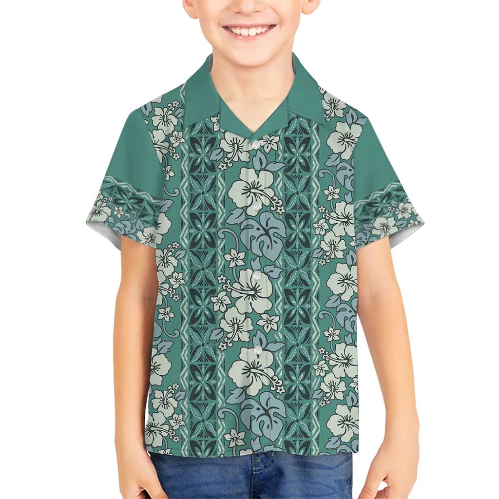 Hawaii Vintage Green Hibiscus Tapa Pattern Family Matching Off Shoulder Maxi Dress and Hawaiian Shirt