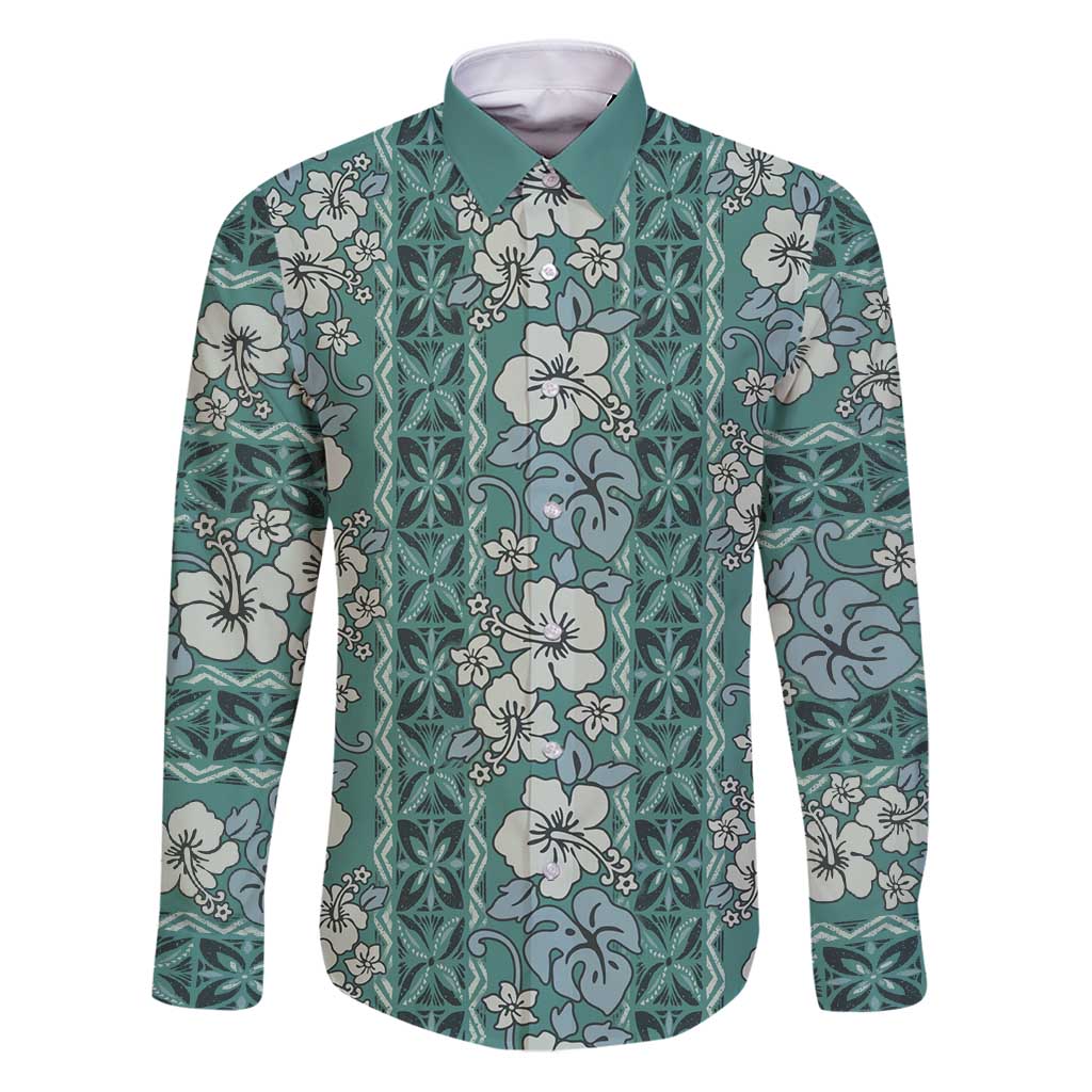 Hawaii Vintage Green Hibiscus Tapa Pattern Family Matching Puletasi and Hawaiian Shirt