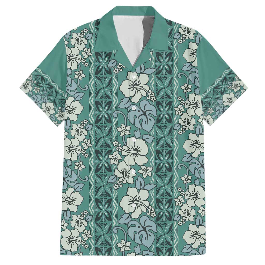Hawaii Vintage Green Hibiscus Tapa Pattern Family Matching Short Sleeve Bodycon Dress and Hawaiian Shirt