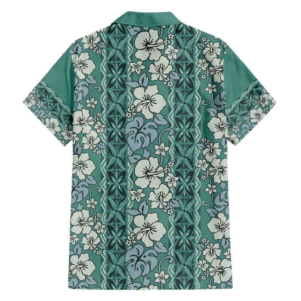 Hawaii Vintage Green Hibiscus Tapa Pattern Family Matching Short Sleeve Bodycon Dress and Hawaiian Shirt