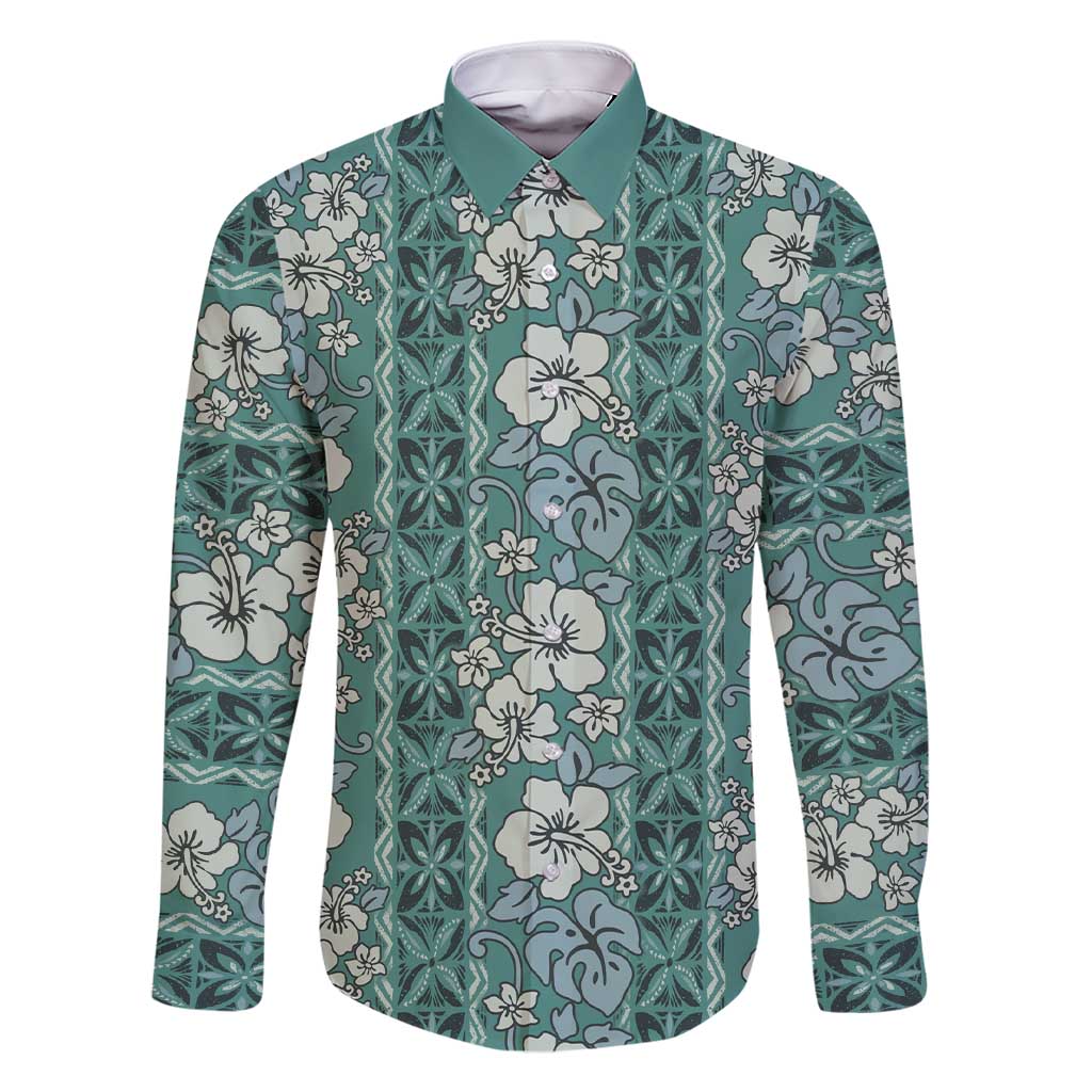 Hawaii Vintage Green Hibiscus Tapa Pattern Family Matching Short Sleeve Bodycon Dress and Hawaiian Shirt