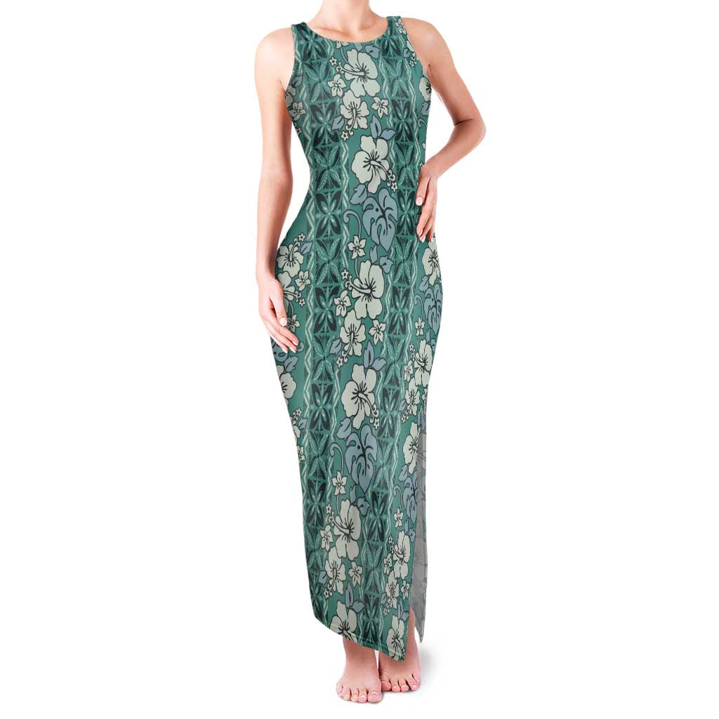 Hawaii Vintage Green Hibiscus Tapa Pattern Family Matching Tank Maxi Dress and Hawaiian Shirt
