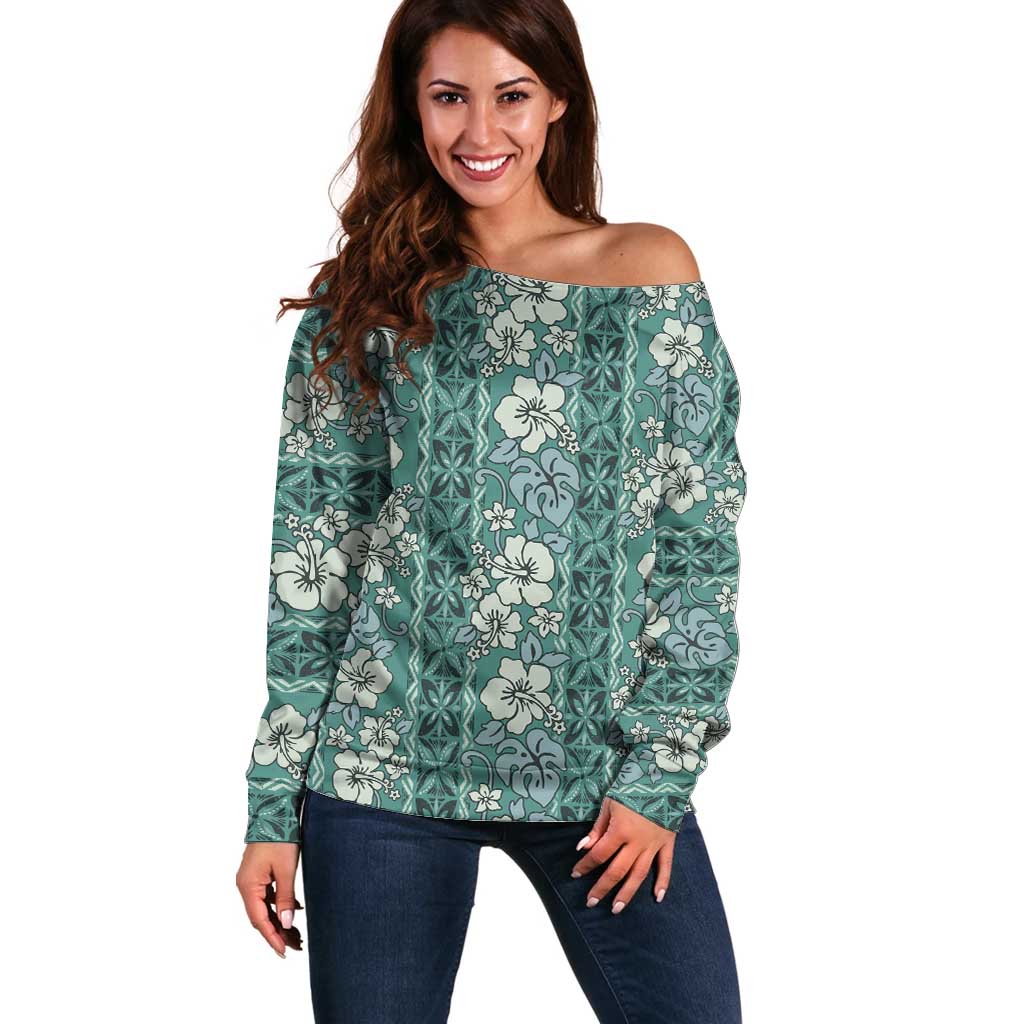 Hawaii Vintage Green Hibiscus Tapa Pattern Off Shoulder Sweater