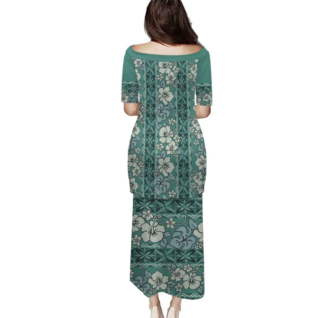 Hawaii Vintage Green Hibiscus Tapa Pattern Puletasi