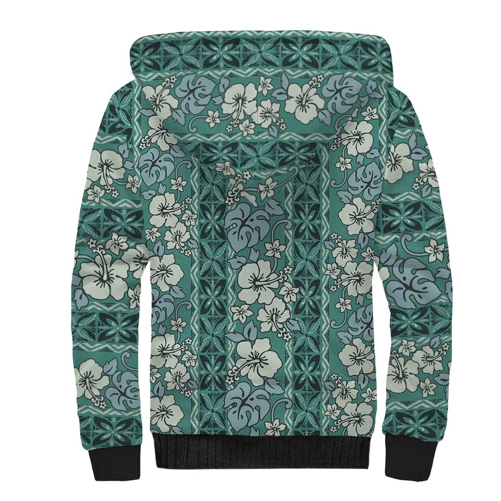 Hawaii Vintage Green Hibiscus Tapa Pattern Sherpa Hoodie