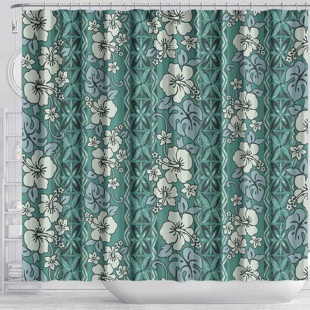 Hawaii Vintage Green Hibiscus Tapa Pattern Shower Curtain