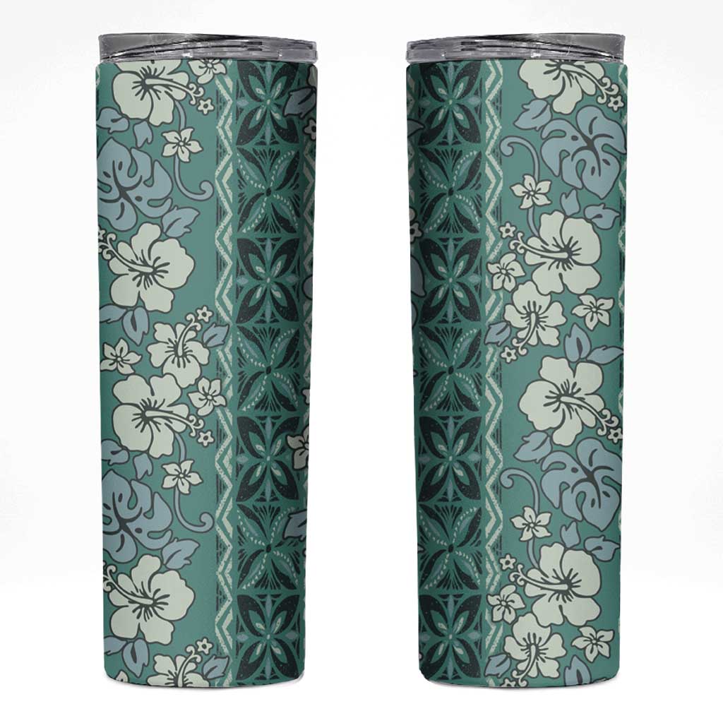 Hawaii Vintage Green Hibiscus Tapa Pattern Skinny Tumbler