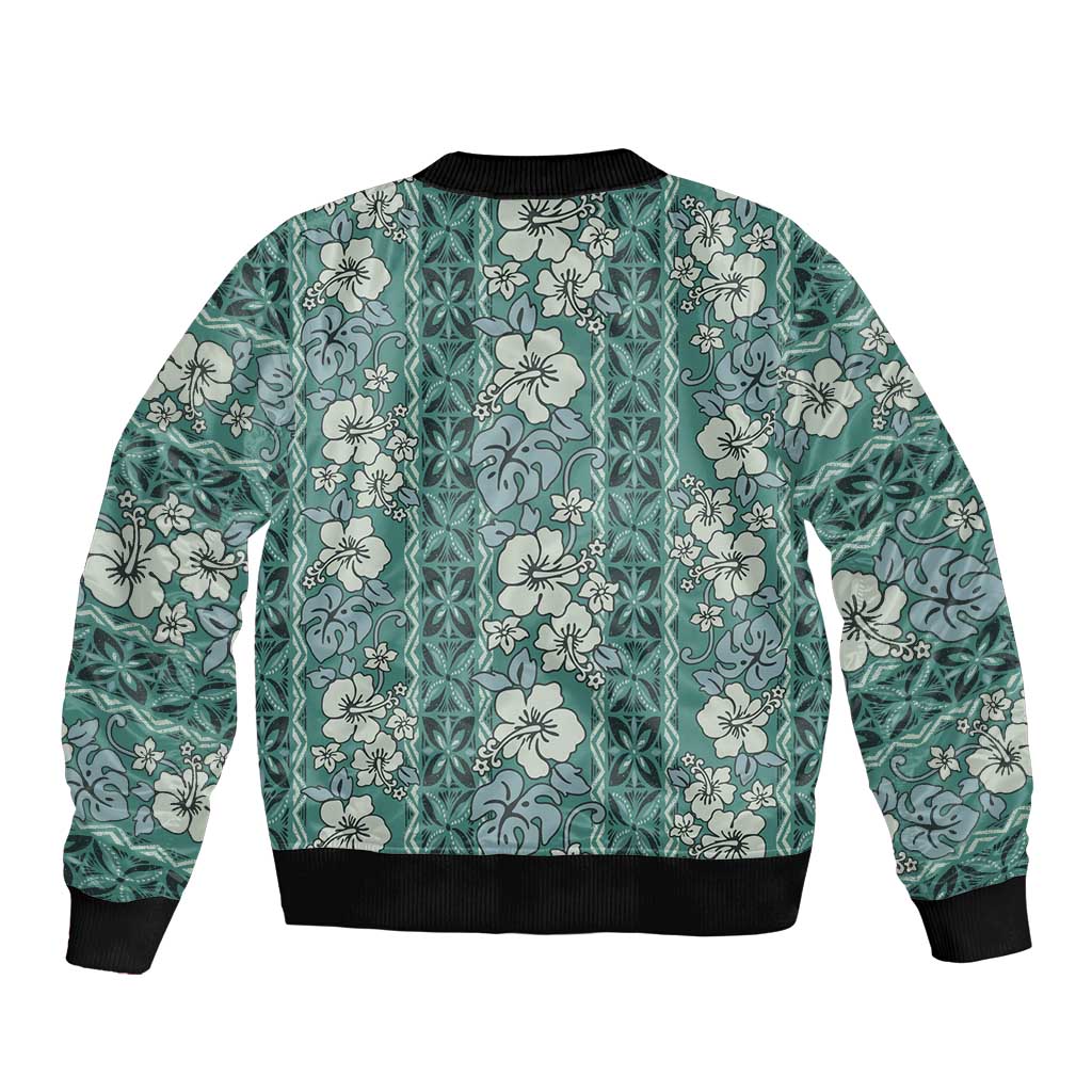 Hawaii Vintage Green Hibiscus Tapa Pattern Sleeve Zip Bomber Jacket LT05 - Polynesian Pride