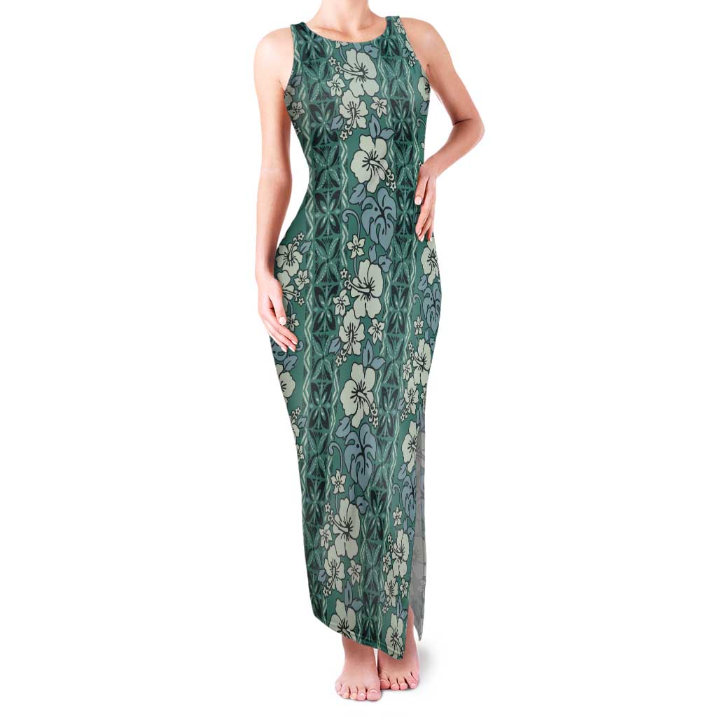 Hawaii Vintage Green Hibiscus Tapa Pattern Tank Maxi Dress