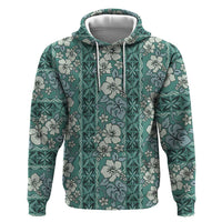 Hawaii Vintage Green Hibiscus Tapa Pattern Zip Hoodie