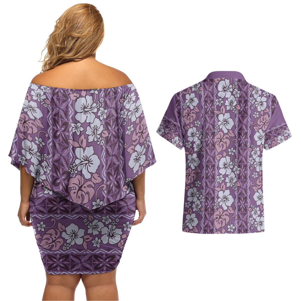 Hawaii Vintage Violet Hibiscus Tapa Pattern Couples Matching Off Shoulder Short Dress and Hawaiian Shirt