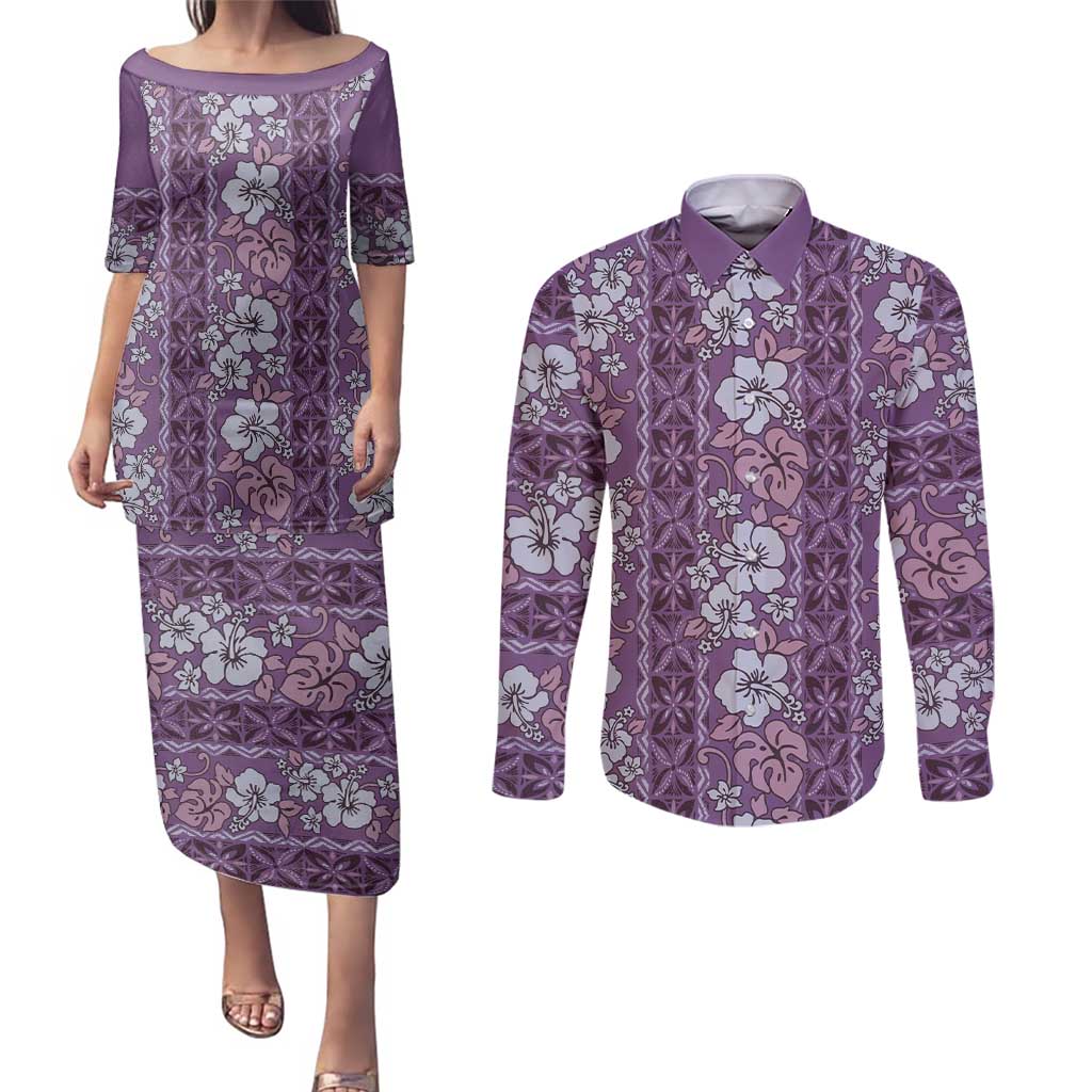 Hawaii Vintage Violet Hibiscus Tapa Pattern Couples Matching Puletasi and Long Sleeve Button Shirt LT05 Violet - Polynesian Pride