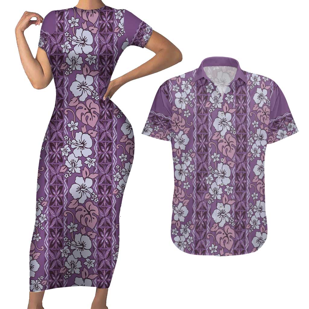 Hawaii Vintage Violet Hibiscus Tapa Pattern Couples Matching Short Sleeve Bodycon Dress and Hawaiian Shirt