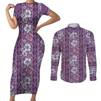 Hawaii Vintage Violet Hibiscus Tapa Pattern Couples Matching Short Sleeve Bodycon Dress and Long Sleeve Button Shirt