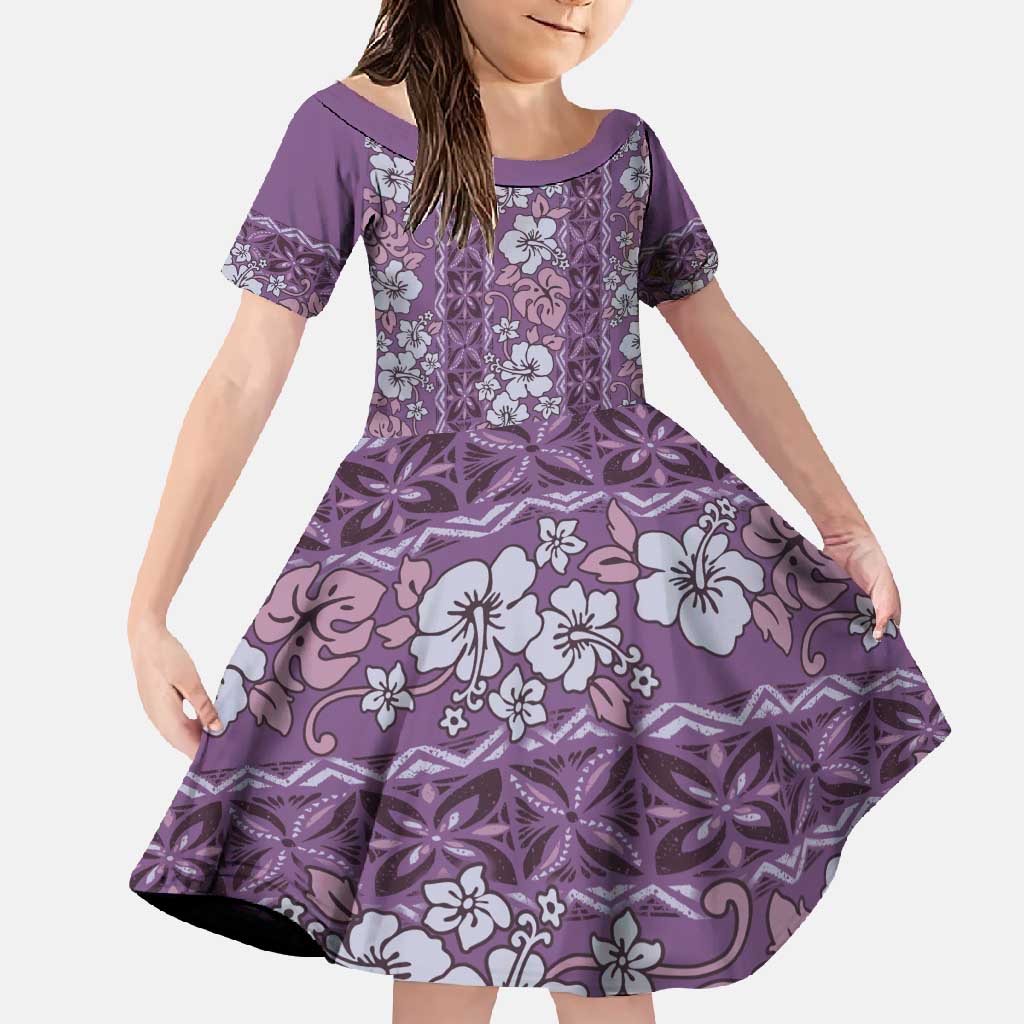 Hawaii Vintage Violet Hibiscus Tapa Pattern Family Matching Mermaid Dress and Hawaiian Shirt
