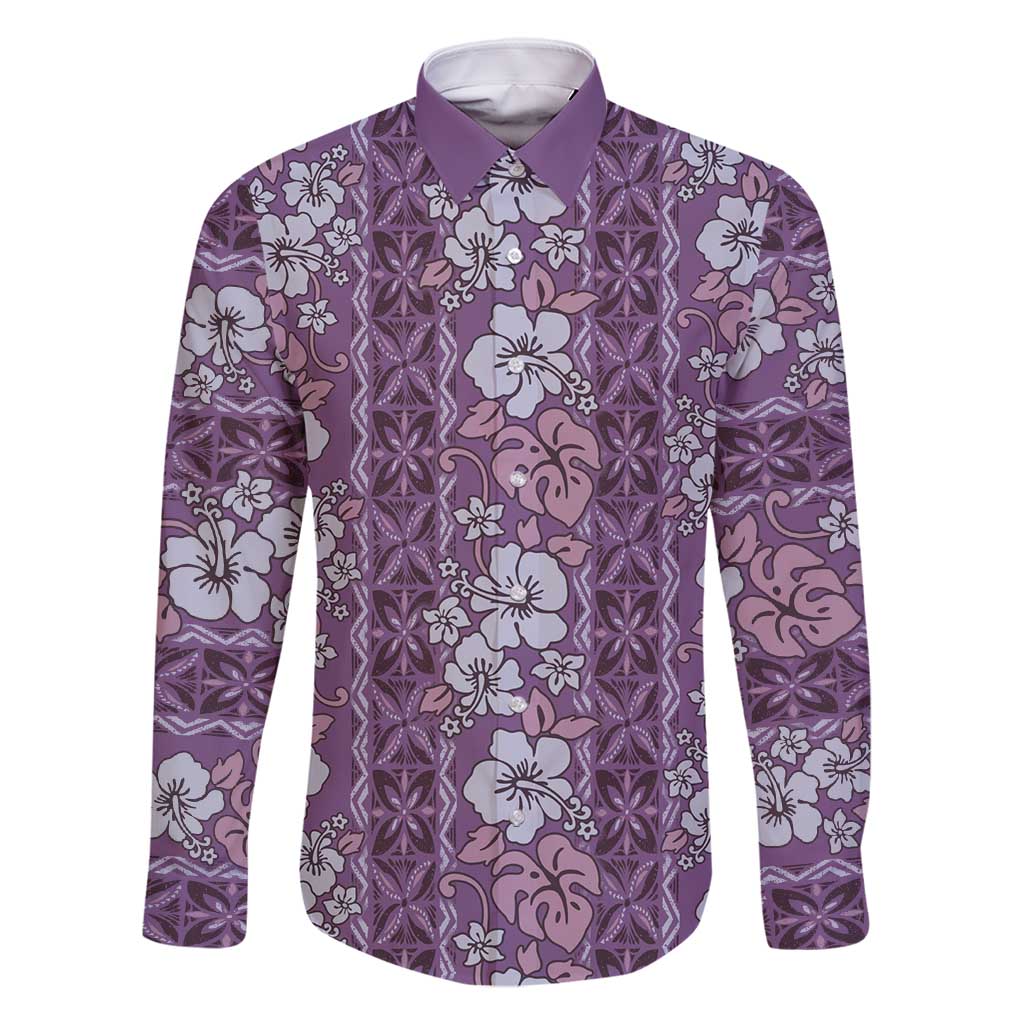 Hawaii Vintage Violet Hibiscus Tapa Pattern Family Matching Off Shoulder Maxi Dress and Hawaiian Shirt