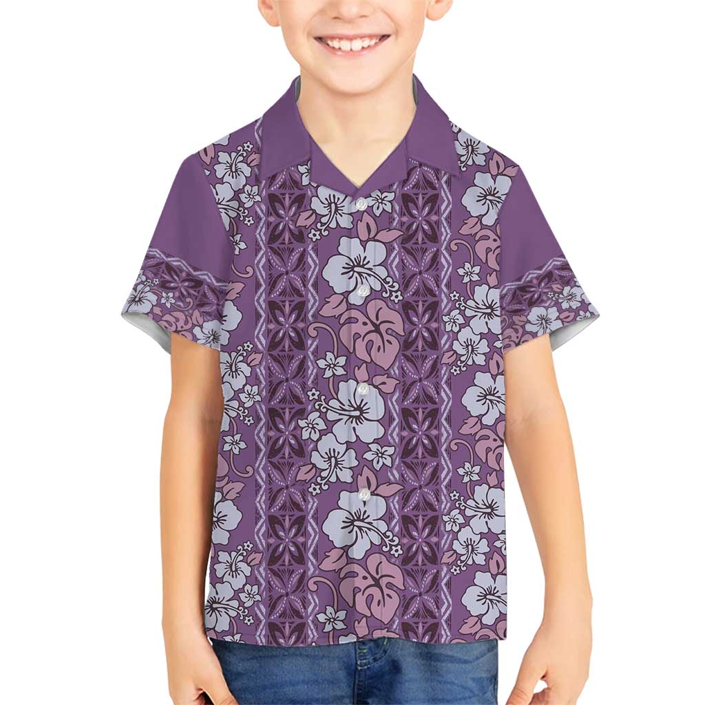 Hawaii Vintage Violet Hibiscus Tapa Pattern Family Matching Off Shoulder Maxi Dress and Hawaiian Shirt