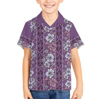Hawaii Vintage Violet Hibiscus Tapa Pattern Family Matching Off Shoulder Maxi Dress and Hawaiian Shirt