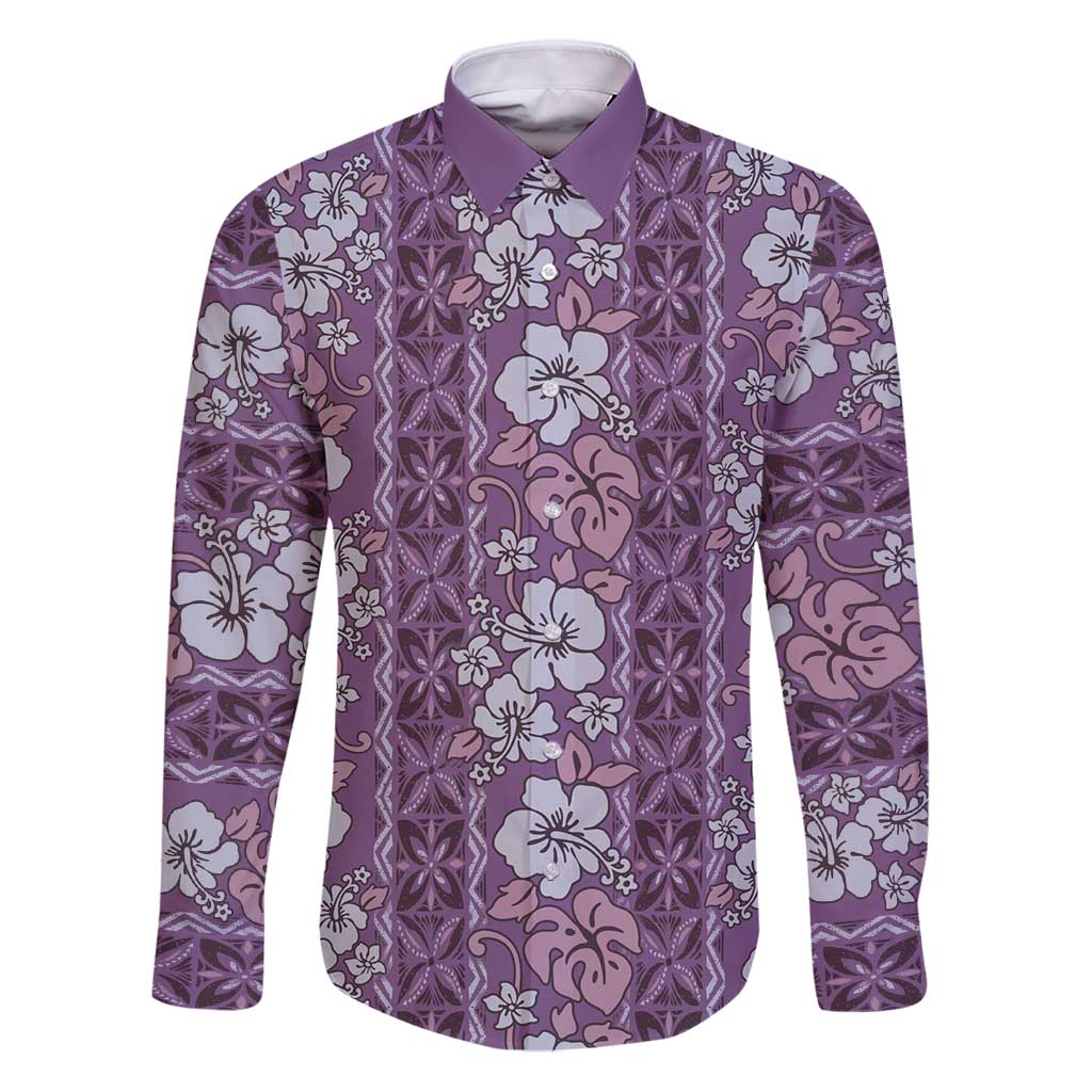 Hawaii Vintage Violet Hibiscus Tapa Pattern Family Matching Puletasi and Hawaiian Shirt