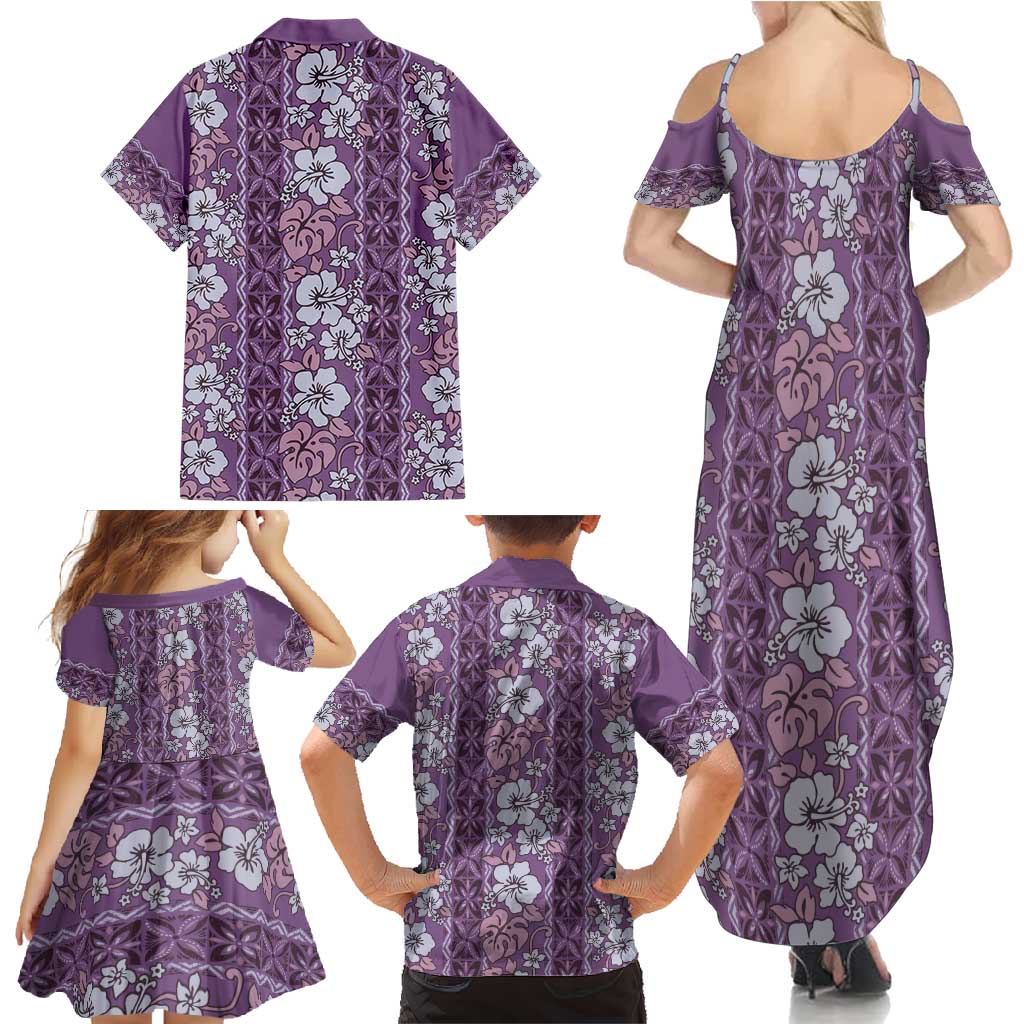 Hawaii Vintage Violet Hibiscus Tapa Pattern Family Matching Summer Maxi Dress and Hawaiian Shirt