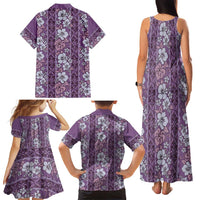 Hawaii Vintage Violet Hibiscus Tapa Pattern Family Matching Tank Maxi Dress and Hawaiian Shirt