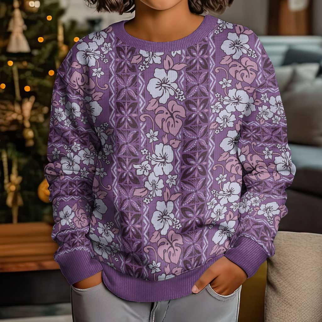 Hawaii Vintage Violet Hibiscus Tapa Pattern Kid Ugly Christmas Sweater